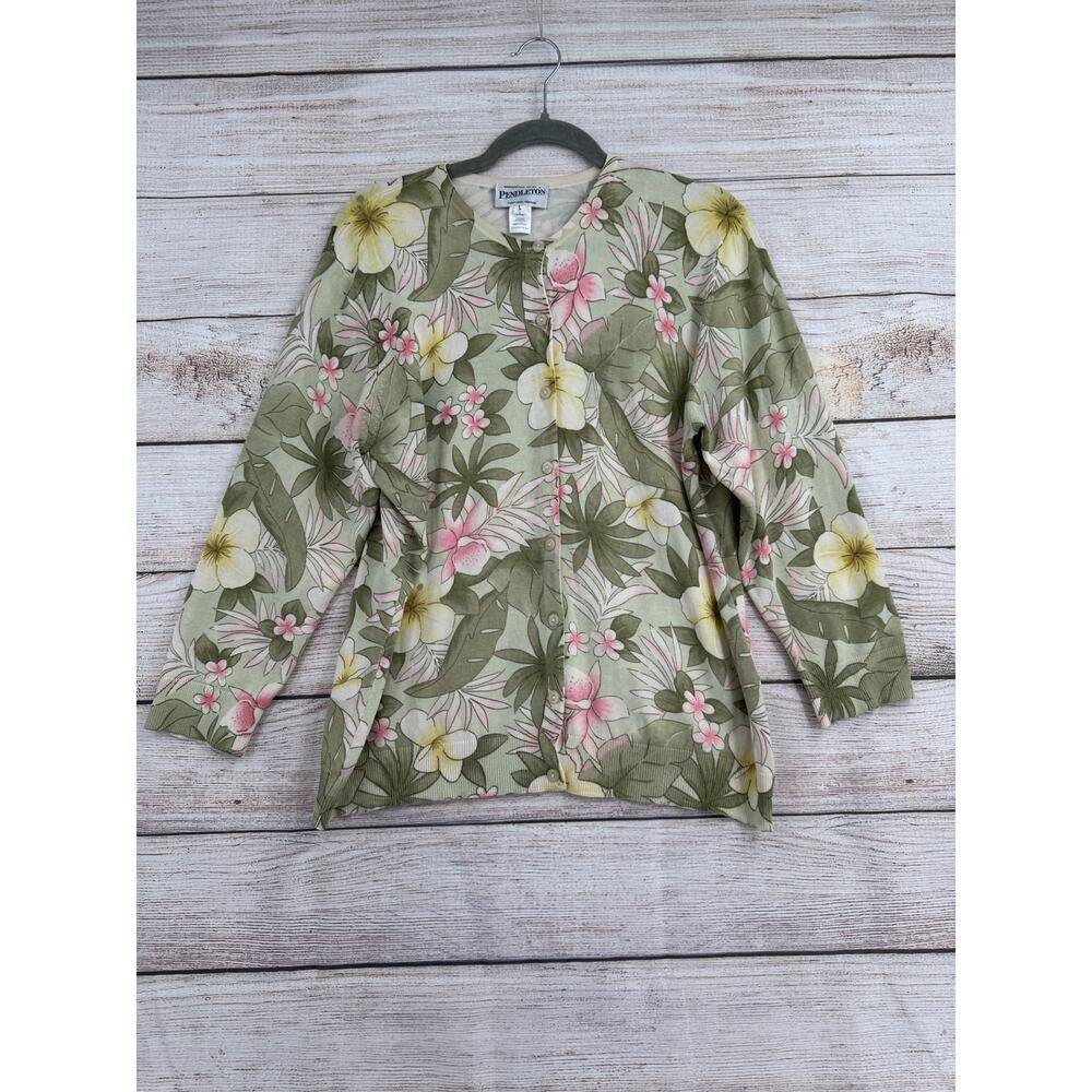 Pendleton Tropical‎ Floral Print Silk Blend Cardigan Sweater Womens Large Green